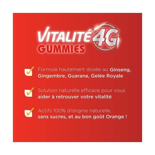 Forté Pharma - Vitalité 4G Gummies | Energie Ginseng, Gingembre, Guarana, Gelée Royale | Complément Alimentaire Energie et Dé