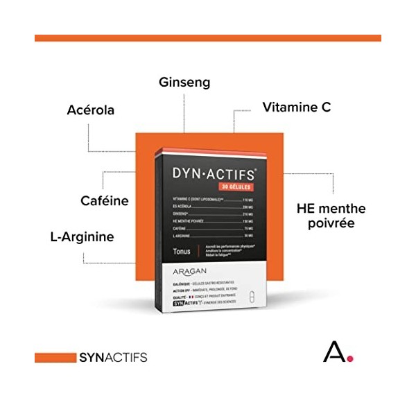 ARAGAN - Synactifs - Dynactifs - Complément Alimentaire Anti-Fatigue - Ginseng, Acérola, Caféine, Vitamine C et Menthe Poivré