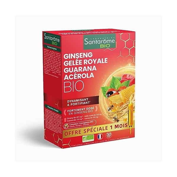 Santarome Bio Ginseng Gelée Royale Guarana Acérola Bio , Complément Alimentaire Booster Dynamisant Bio , 30 Ampoules