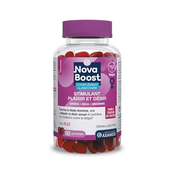 Novaboost - Complément Alimentaire - Gummies Stimulant Plaisir Femme - Saveur Fraise Faible Teneur en Sucre - Vegan & Sans Gl