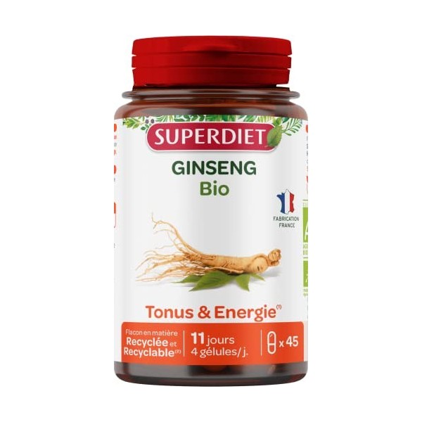 SUPERDIET - GINSENG BIO - Tonus et Énergie - Phytothérapie - Fabrication française - 45 gélules