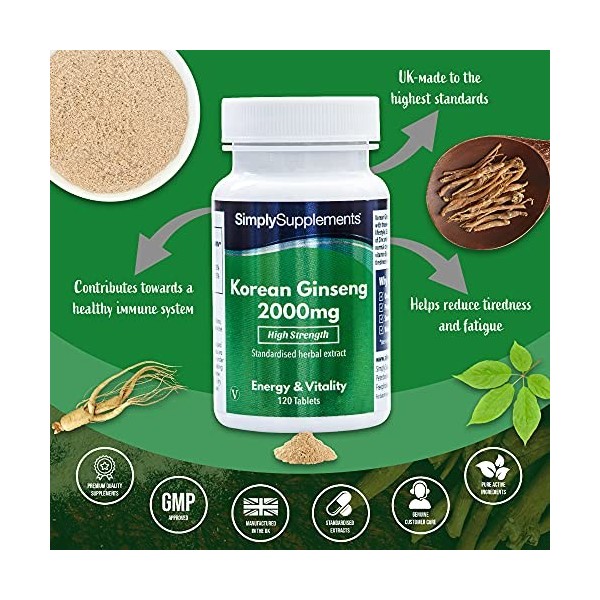 Ginseng Coréen Panax 2000mg | 120 Comprimés |Adapté aux Végétaliens |Jusqu’à 4 mois de bienfaits |SimplySupplements