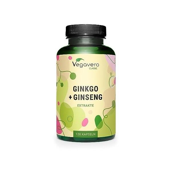 Ginkgo Biloba + Panax Ginseng Vegavero® | Avec 24% Glycosides de Flavone + 20% de Ginsénosides | Sans Additifs | Énergie + Co