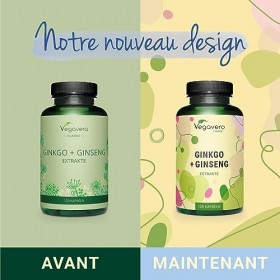 Ginkgo Biloba + Panax Ginseng Vegavero® | Avec 24% Glycosides de Flavone + 20% de Ginsénosides | Sans Additifs | Énergie + Co