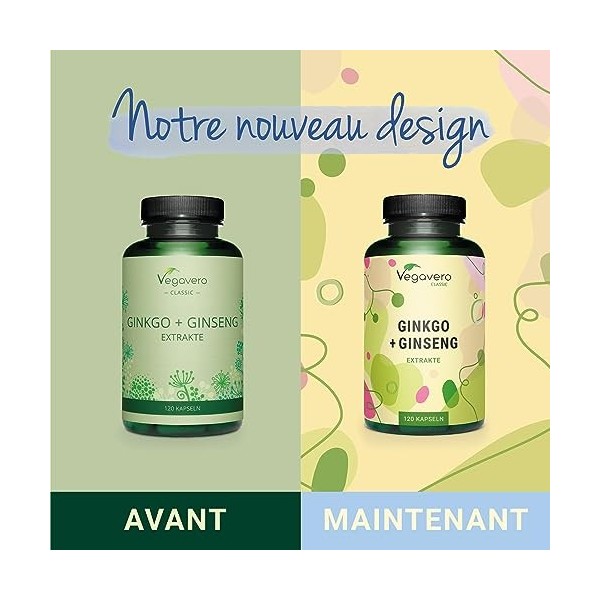 Ginkgo Biloba + Panax Ginseng Vegavero® | Avec 24% Glycosides de Flavone + 20% de Ginsénosides | Sans Additifs | Énergie + Co