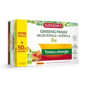 SUPERDIET - GINSENG PANAX GELÉE ROYALE ACÉROLA BIO-Booster toniques, Défenses immunitaires-Fabrication Française- 30 ampoules
