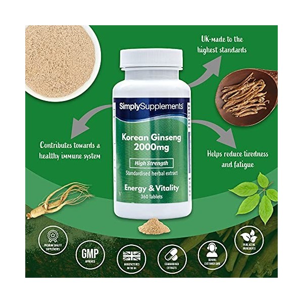 Ginseng Coréen Panax 2000mg | 360 Comprimés |Adapté aux Végétaliens |Jusqu’à 1 an de Bienfaits |SimplySupplements