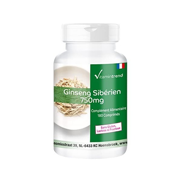 Ginseng Sibérien 750mg – Végan et naturel - Boite de 180 comprimés d’Extrait de Ginseng sibérien | Vitamintrend®