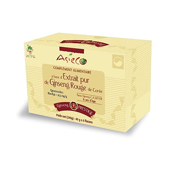 6 Flacons dExtrait de Ginseng Rouge de Corée Prestige 40g - 100% Concentré de Racine de 6 ans dâge - Produit de Qualité - A