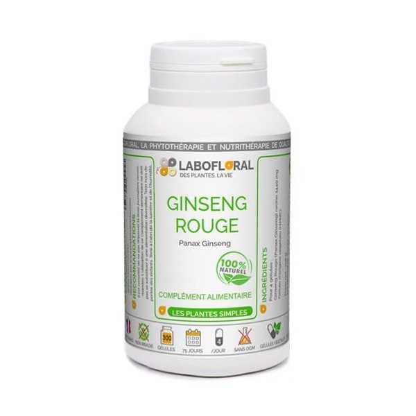 Ginseng Rouge Labofloral 500 gélules dosées à 360 mg - Complément alimentaire - Immunité, vitalité, tonifiant et énergisant -