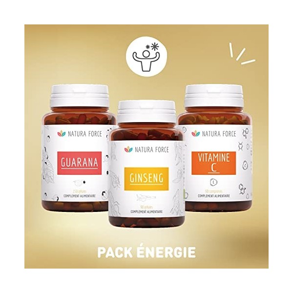 NATURA FORCE - Pack Energie - Compléments Alimentaires de Guarana, de Vitamine C & de Ginseng Rouge pour une Action Complète 