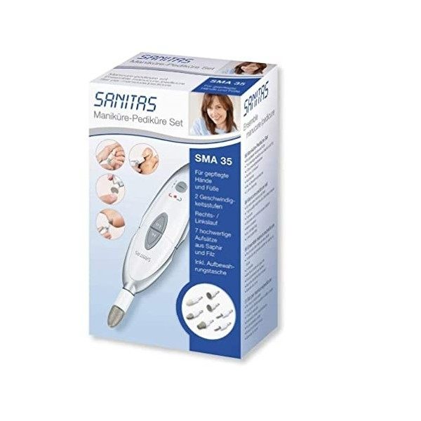 Sanitas SMA 35 Set de manucure/pédicure électrique | Avec 7 embouts professionnel pour le soin des ongles | Blanc/argent