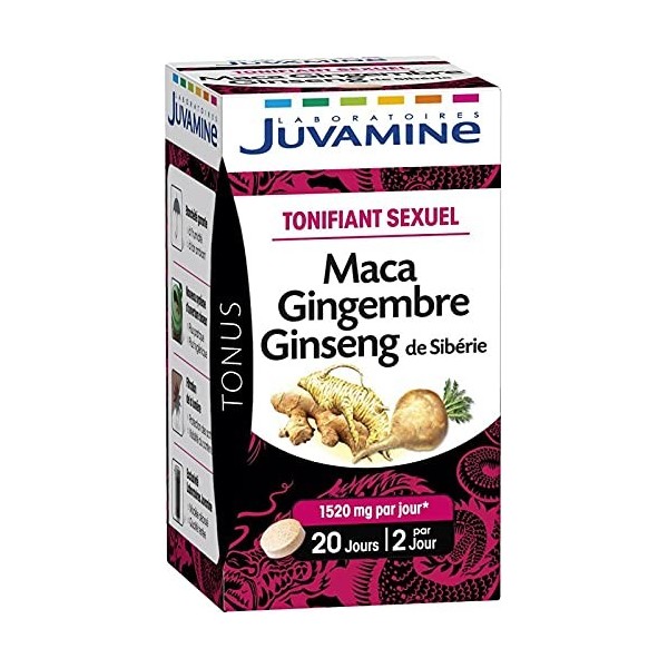 Juvamine - Comprimés Tonifiant Sexuel à base de Maca, Ginseng et Gingembre - 40 unités - 26g - Lot De 3