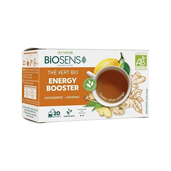 Biosens - Thé Vert Energy Booster - Gingembre et Ginseng - Certifié Bio AB - Fabriqué en France - Commerce Équitable - 20 sac