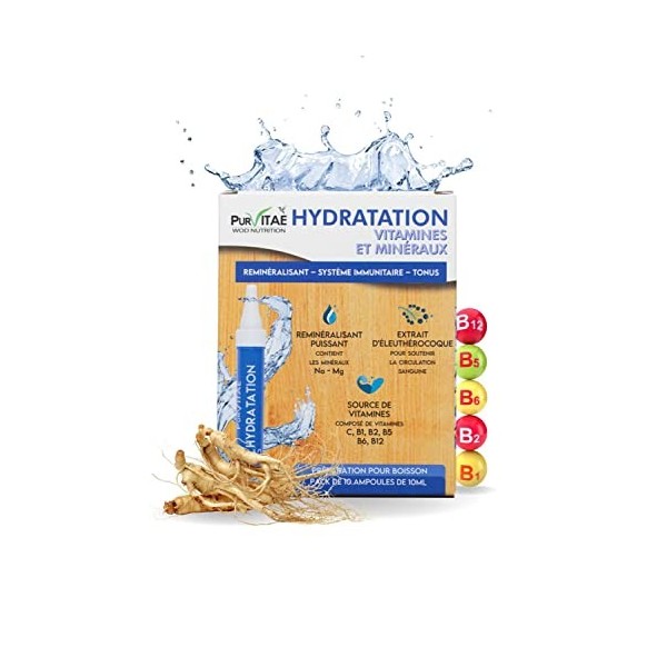 HYDRATATION 10 Ampoules | Minéraux, Ginseng Sibérien & Vitamines | Aide à réduire la fatigue | Concept breveté | Idéal pour l