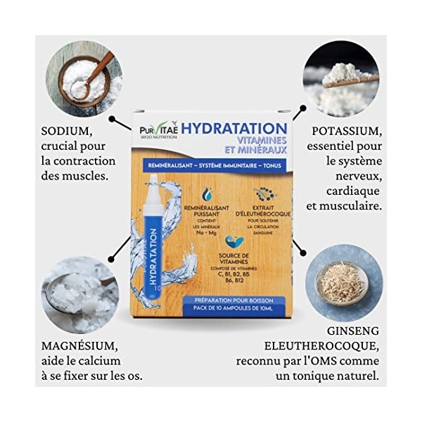 HYDRATATION 10 Ampoules | Minéraux, Ginseng Sibérien & Vitamines | Aide à réduire la fatigue | Concept breveté | Idéal pour l