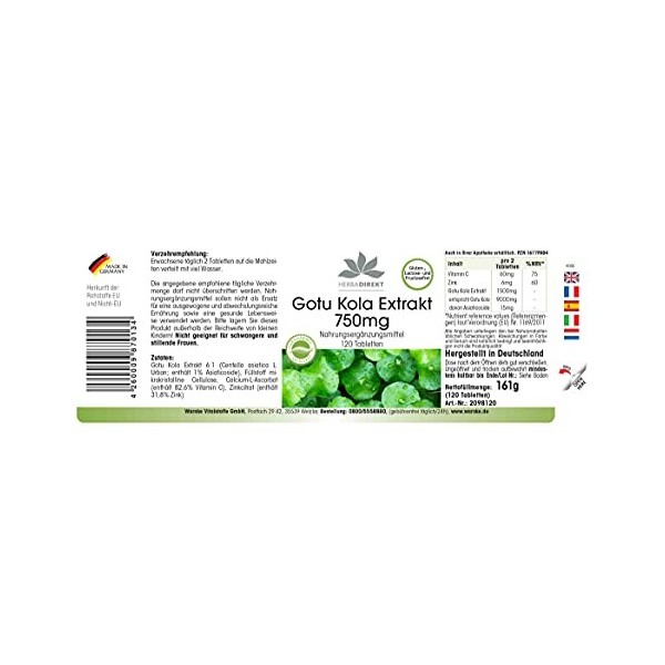 Gotu Kola 750mg - extrait à haute dose - végétalien - 120 comprimés - avec zinc et vitamine C | HERBADIREKT by Warnke Vitalst