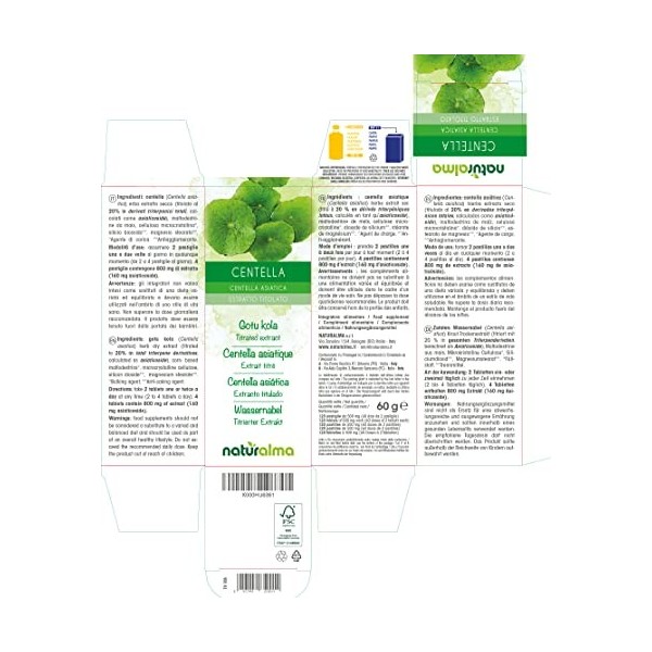 Centella asiatique Centella asiatica NATURALMA | 20% Asiaticoside | 120 comprimés de 500 mg | Complément alimentaire d’extr