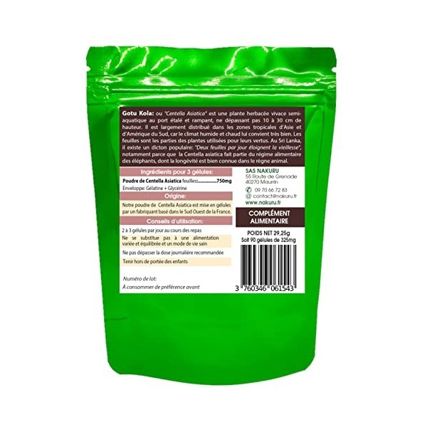 NAKURU | Gotu Kola | 90 Gélules de 325mg | Gamme Boost | Fabriqué en France | "Centella Asiatica !" | 90 Gélules de 325mg / 