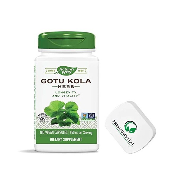 PremiumVital, Natures Way, Gotu Kola Nombril Indien , 475mg, 180 Capsules vegétaliennes, avec Pilulier Pratique, Testé en L