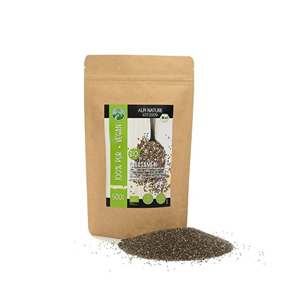 Graines de chia noir bio 500g , graines de chia bio, séchées délicatement, issues de culture biologique contrôlée, testées e