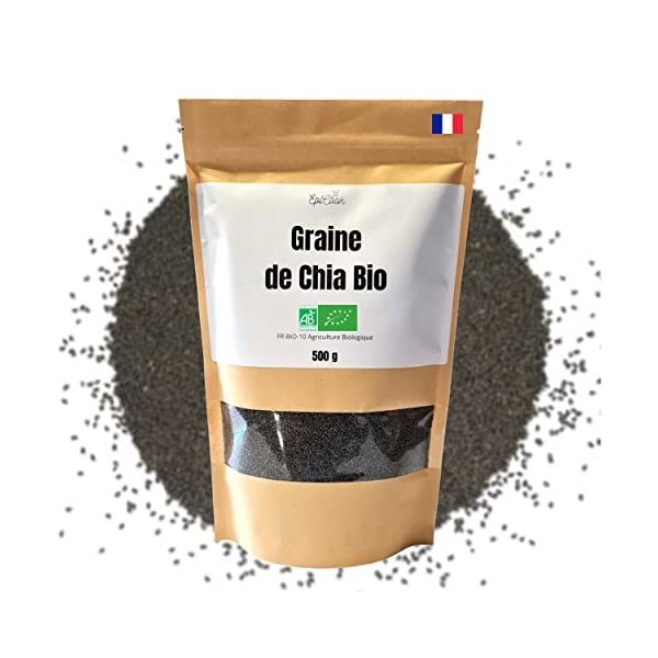 Graine de chia bio 500 g – Riche en oméga 3 - Sans gluten – Riche en antioxydants – Idéal pour un repas végétarien ou végan -