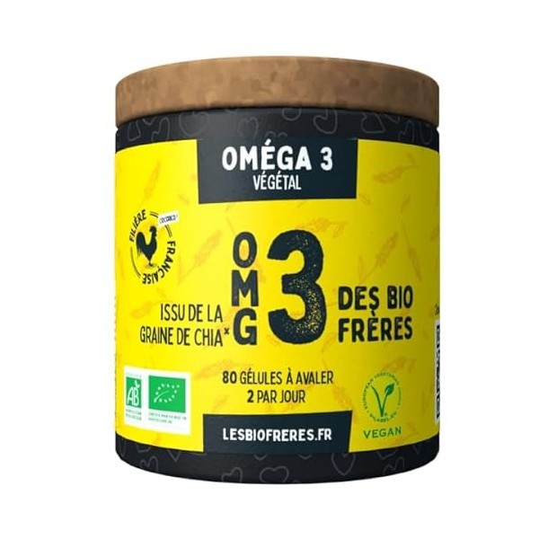 Oméga 3 – Huile de Chia bio – 80 gélules végétales à avaler – Compléments alimentaires – 40 jours de cure – Les Bio Frères – 