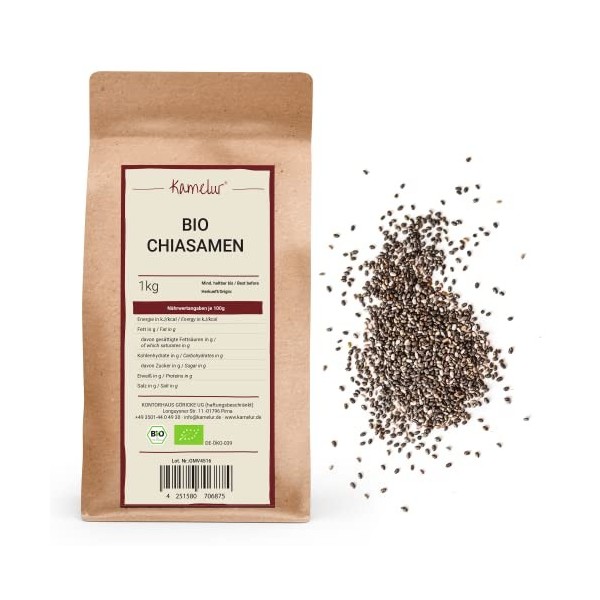 Kamelur 1kg Graines de Chia BIO noir - Graines de Chia BIO sans additifs pour Porridge & Co - Graines de Chia BIO en emballag