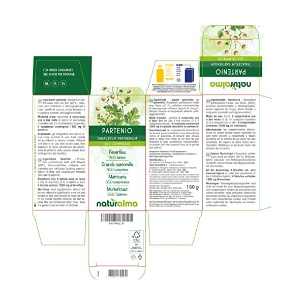 Grande camomille ou Partenelle Tanacetum parthenium herbe avec fleurs Naturalma | 150 g | 300 comprimés de 500 mg | Complém