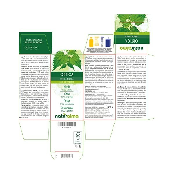 Ortie Urtica dioica feuilles et racines Naturalma | 150 g | 300 comprimés de 500 mg | Complément alimentaire | Naturel et V