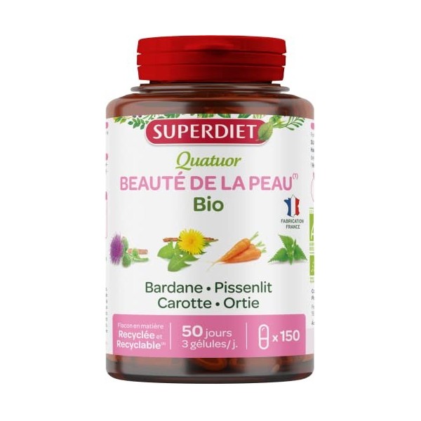 SUPERDIET - QUATUOR BEAUTÉ BIO- Beauté de la peau - Bardane, Pissenlit, Carotte, Ortie -Fabrication Française - 150 gélules