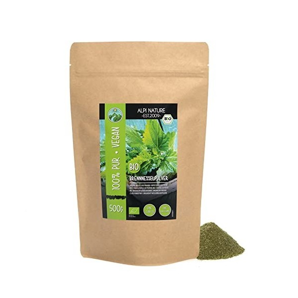 Poudre dortie biologique 500g , ortie moulue, de lagriculture biologique contrôlée, sans gluten, testée en laboratoire, ve