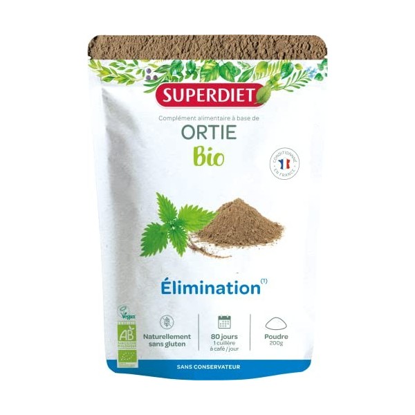 SUPERDIET - ORTIE BIO - Élimination- Sachet refermable - Conditionné en France - Poudre 200 g