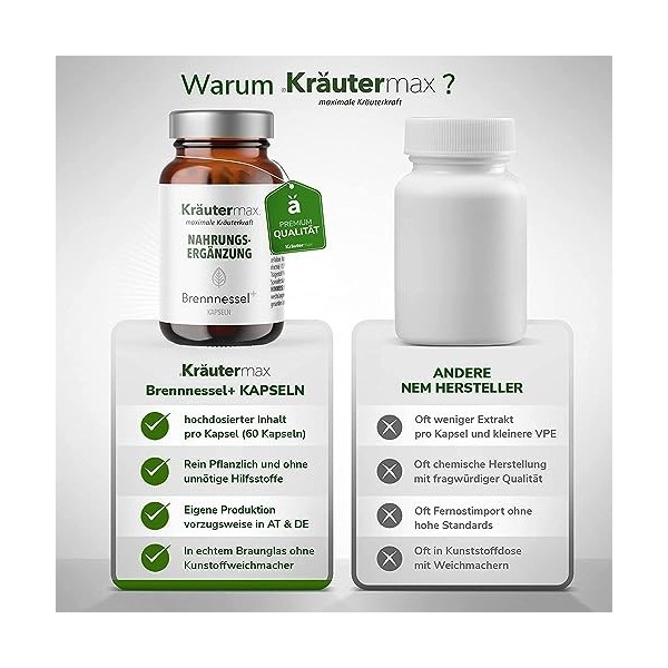 Kräutermax Capsules dortie Plus | Capsules dextrait dortie avec asperges | Capsules dortie végétaliennes et naturelles se