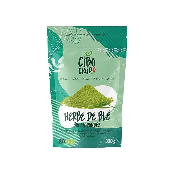 Herbe de Blé Bio en Poudre - 300g. Source de Chlorophylle Vitamine A C et E. Contient Antioxydants. Pour Jus et Smoothies. Ac