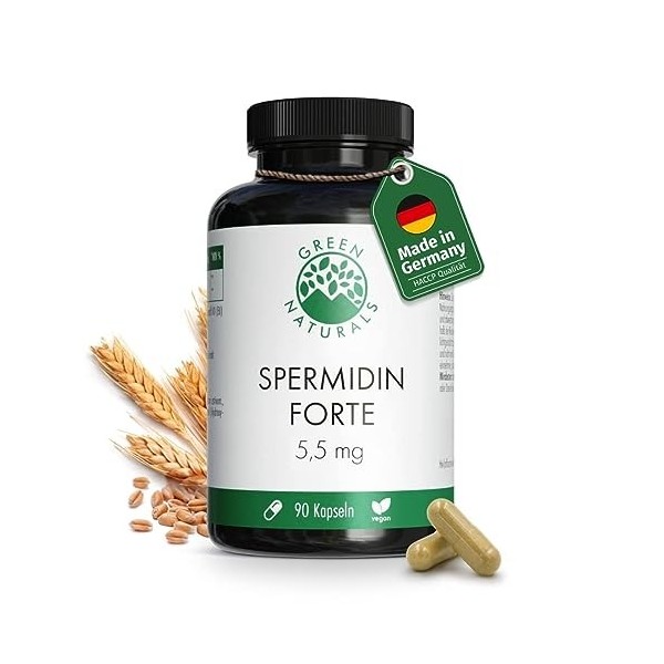 Spermidine forte de blé | 90 gélules | Hautement dosé | Végétalien | 5,5 mg par gélule | 3 mois dapprovisionnement | Green N