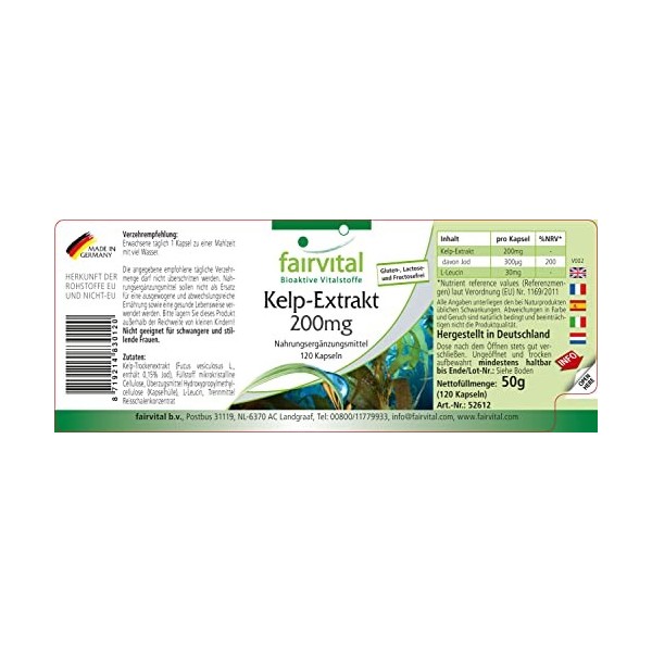 Fairvital | Extrait de Kelp 200mg en gélules - 300µg dIode naturel issu de Varech par gélule - VEGAN - Fortement dosé - 120 