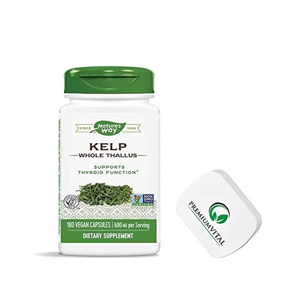 PremiumVital, Natures Way, Kelp Whole Thallus Thalle Entier , 600mg, 180 Capsules végétaliennes, avec Pilulier Pratique, Te