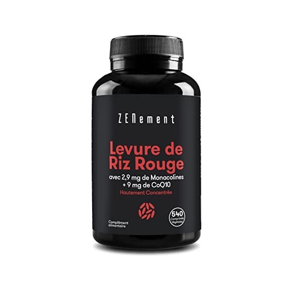 Levure de Riz Rouge, 540 Comprimés Végétaliens & Sans Citrinine | Avec 2,9 mg Mon. enrichie en 9 mg Coenzyme Q10 | Sans Glute