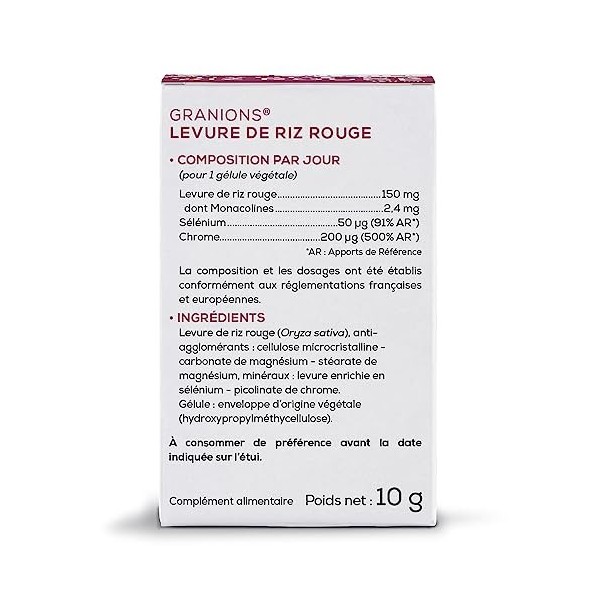 Levure de riz rouge GRANIONS | Complement alimentaire cholestérol | Levure de riz rouge 150mg avec Selenium + Chrome | Choles