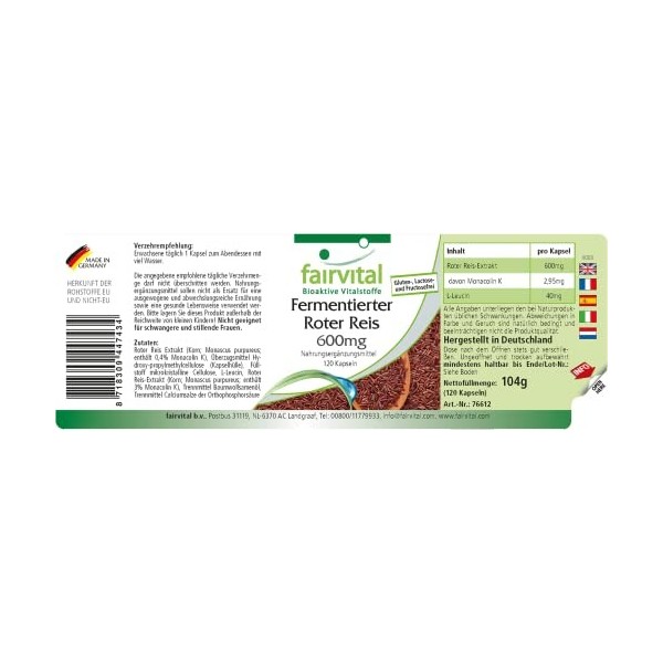 Fairvital | Riz rouge fermenté 600mg - VEGAN - 2,95mg monacoline K - 120 gélules