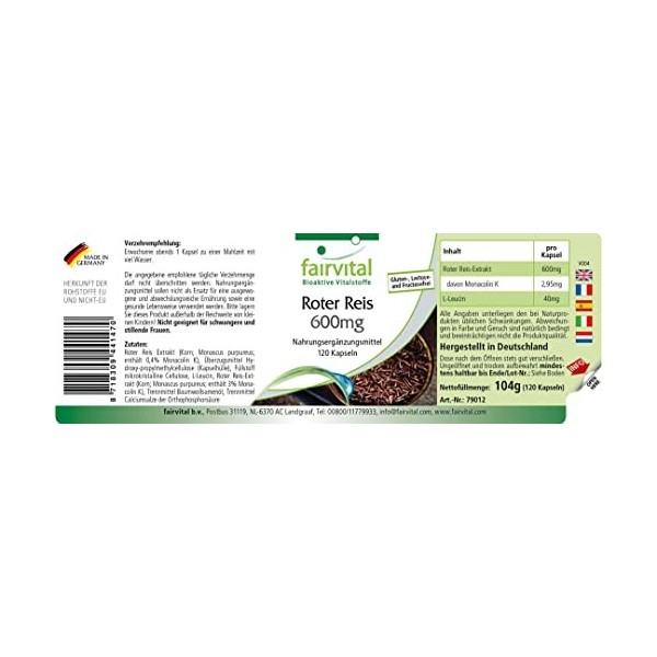 Fairvital | Extrait de riz rouge 600 mg - 120 gélules végétaliennes - fermenté - 2,95 mg de monacoline K - qualité contrôlée 