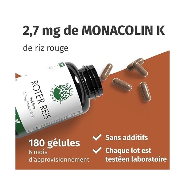 Levure de Riz Rouge 180 gélules de 2.7mg - Monakolin K - Monascus purpureus - Production allemande - 100% végétalien sans a