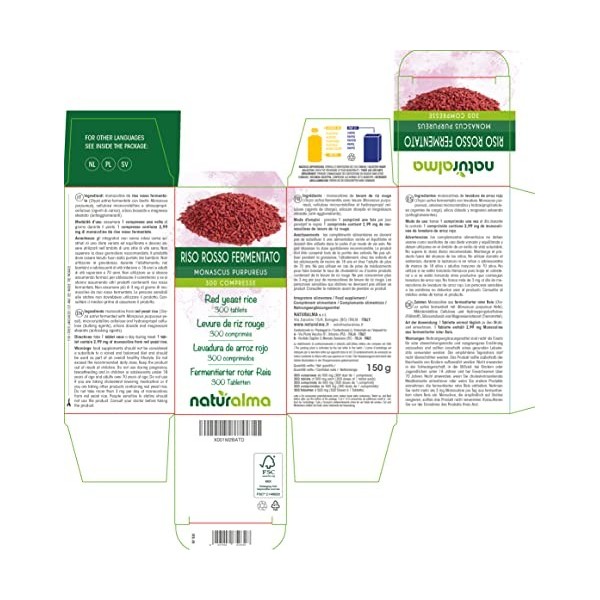 Levure de riz rouge Oryza sativa fermentée avec levure Momonascus purpureus Naturalma | 150 g | 300 comprimés de 500 mg | C