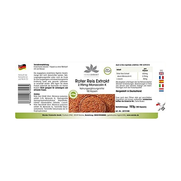 Extrait de Riz Rouge - 180 gélules - 2,95mg Monacoline K | HERBADIREKT by Warnke Vitalstoffe