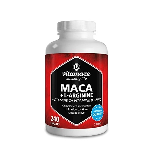 Maca du Pérou Enrichi avec Arginine, Vitamines B, C et Zinc - Revigorant, Anti-stress, Énergie - 240 Gélules 4000mg 4:1 Maca 