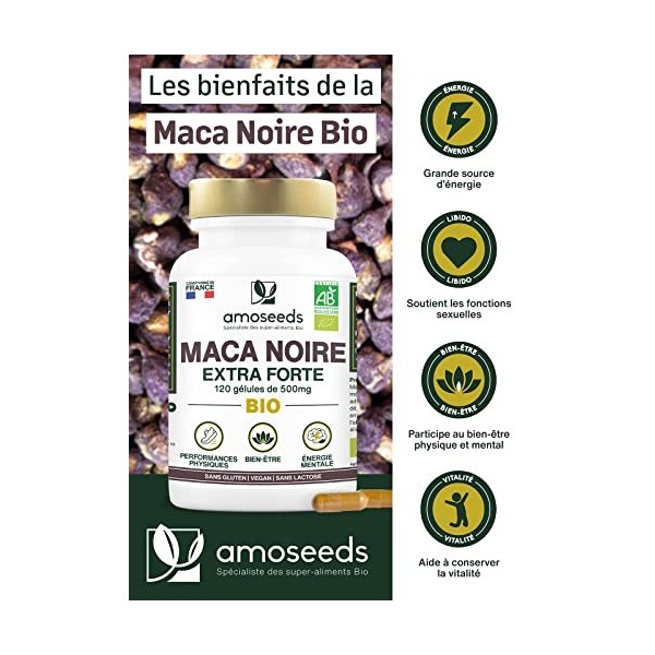 Maca Noire BIO du Pérou | Extra Fort 10 000mg par jour | 120 gélules vegan | Régulateur Hormonal, Anti-stress, Énergie | Qual