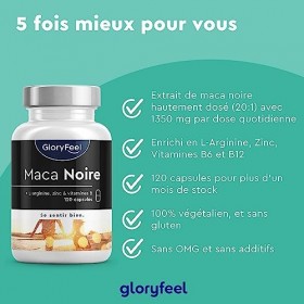 Maca Noire du Pérou 27000 mg 20:1 120 Capsules , Hautement Dosé avec L-Arginine, Zinc et Vitamine B12, Contribue à LÉnergie