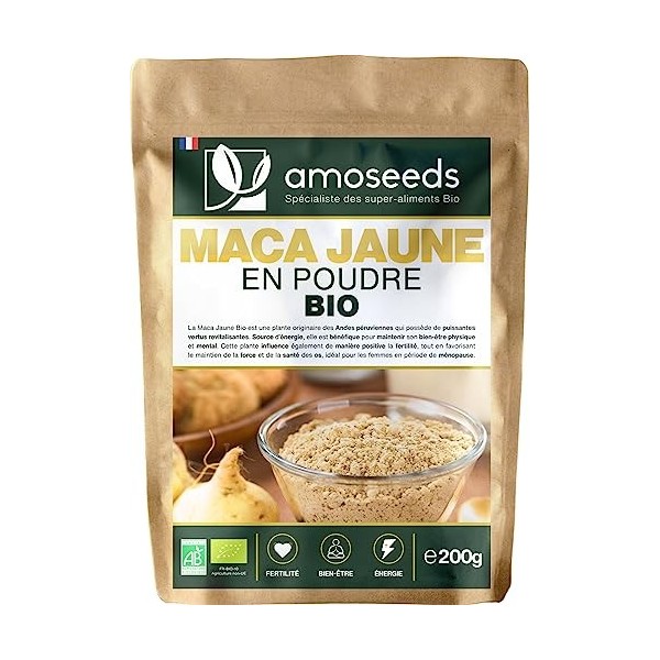 Maca Jaune en Poudre BIO 200G | 100% racine de Maca du Pérou | Fertilité, Tonus, Énergie mentale | Qualité Supérieure 200g 