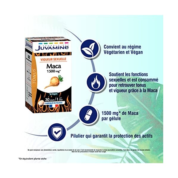 JUVAMINE - Maca 1500 mg - Tonus et Vigueur Sexuelle - 30 Comprimés - Vegan